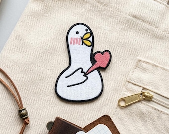 Cute Duck Holding Heart Patch, Kawaii Blushing Goose Embroidered Patch, Pastel Pink Valentine Iron On Patch, Balletcore Coquette Gift Badge