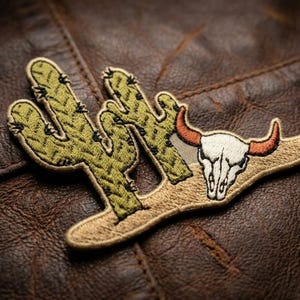Embroidered Saguaro Cactus Bull Skull Patch – Western Desert Boho Iron-On