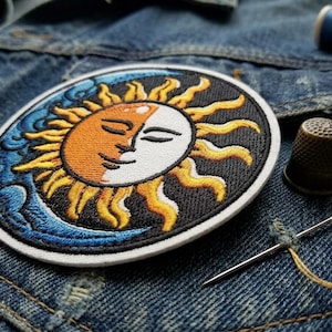 Sun and Moon Yin Yang Patch - Celestial Embroidered Iron On - Spiritual Balance Badge for Denim - Large Round Celestial Applique