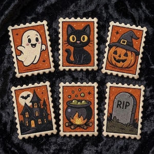 Halloween Stamp Patch Set, Ghost Black Cat Pumpkin Witch Cauldron Embroidered Patch, Spooky Iron On Patch, Halloween Jacket Backpack Decor