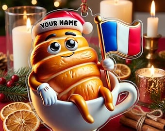 Personalized French Croissant Ornament Custom Name France Flag Coffee Cup Christmas Gift Bakery Foodie Lover Tree Decor Keepsake
