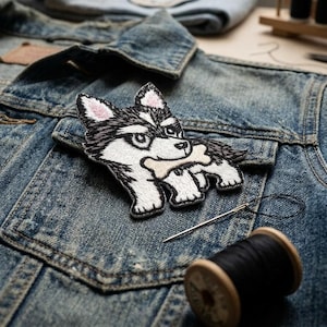 Husky Puppy Embroidered Patch - Cute Dog with Bone Iron On Patch - Siberian Husky Badge for Backpacks - Gift for Dog Lovers