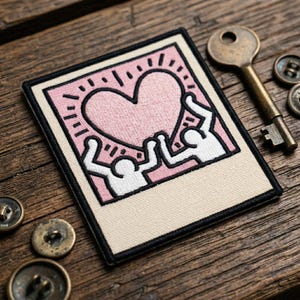 May include: Embroidered patch featuring a pink heart and two white figures reaching up. The design is framed in a black border, resembling a polaroid photo. The patch is on a wooden surface, with a key and buttons nearby.