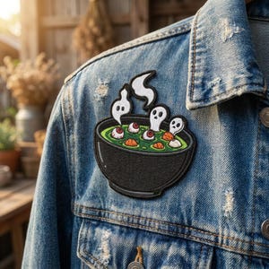 May include: An embroidered patch attached to a blue denim jacket. The patch features a black bowl filled with green liquid, containing several white eyeballs and orange carrot slices, with three small white ghosts rising from the steam.