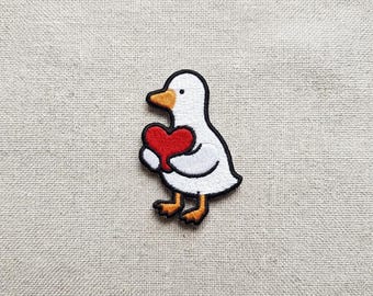Cute Duck Holding Heart Patch, Kawaii White Goose Embroidered Patch, Romantic Red Heart Valentine Iron On Patch