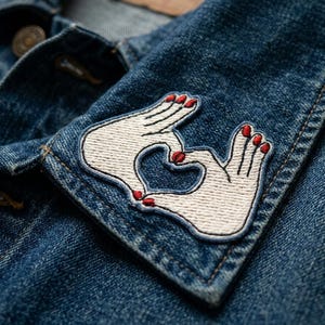 Heart Hands Embroidered Patch - Love Symbol Iron On Patch - Red Nails Hand Heart Badge - Romantic Sew On Applique