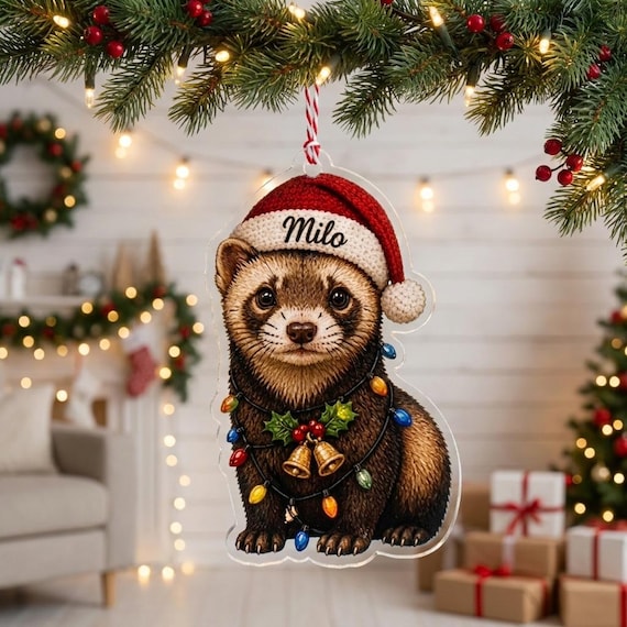 Personalized Ferret Acrylic Ornament, Custom Name Cute Small Pet Christmas Tree Decor, Ferret Mom Lover Holiday Keepsake