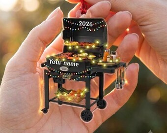 Custom BBQ Grill Acrylic Christmas Ornament, Personalized Barbecue Lover Xmas Tree Decor, Grilling Master Hanging Gift