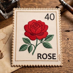 Red Rose Embroidered Patch, Vintage Flower Stamp Patch, Romantic Floral Iron On Patch, Botanical Applique Patch, Gothic Rose Patch
