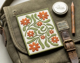 70s Retro Floral Embroidered Patch, Terracotta Orange Flower Vine Iron on Patch, Large Rectangle Cottagecore Botanical Patch
