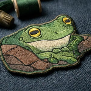 Green Tree Frog Embroidered Patch - Cute Frog Iron On Patch - Forest Animal Badge for Backpacks - Embroidered Applique for Jackets