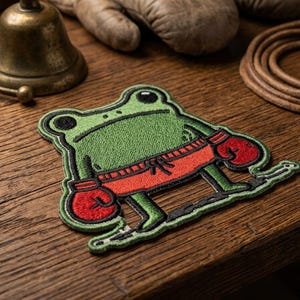 May include: Embroidered patch featuring a cartoon frog in boxing attire. The frog is green with black eyes, wearing red boxing gloves and shorts. The patch has a black border and is on a wooden surface.