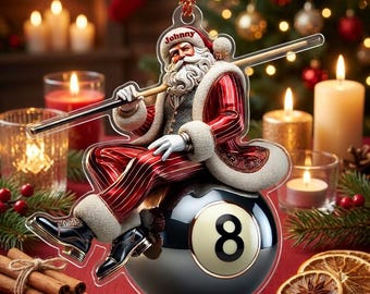 Personalized Billiards Santa Ornament Custom Name 8 Ball Pool Player Christmas Gift Cue Sports Decor Christmas Tree Keepsake