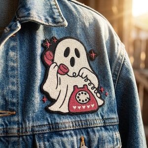 Cute Ghost Phone Embroidery Patch, Spooky Halloween Iron On Patch, Kawaii Ghost Applique, Goth Aesthetic Jacket Patch, Horror Lover Gift