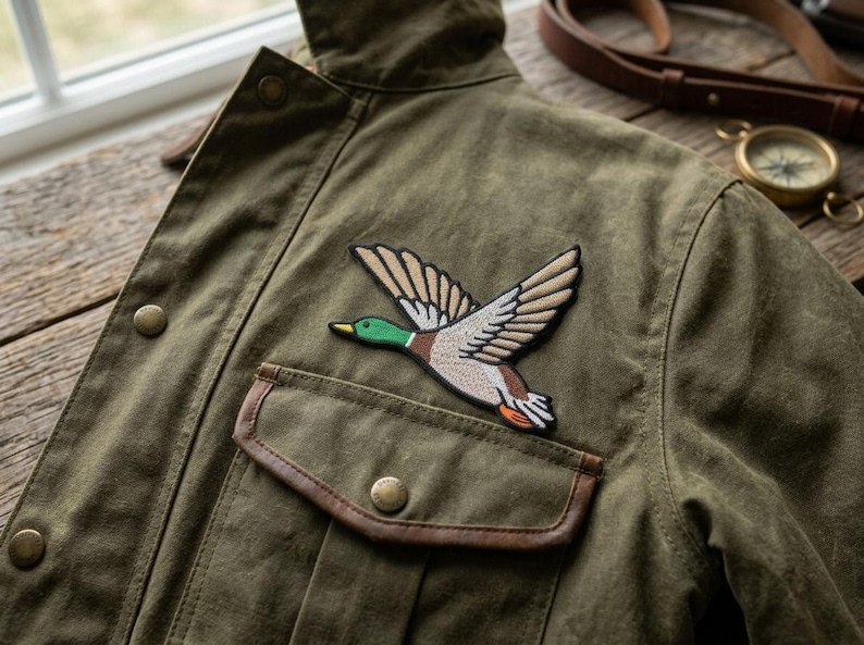 May include: An olive green jacket with a duck patch. The patch shows a flying duck with brown, beige, green, and orange embroidery. The jacket has a pocket with a brown leather trim and button closures. A compass and leather strap are visible.
