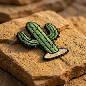 May include: Embroidered cactus patch in shades of green with black outlining and a tan base. The patch is placed on a textured, light brown stone surface. The cactus design features a detailed, stitched appearance.