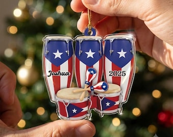 Custom Puerto Rico Conga Drums Acrylic Christmas Ornament, Personalized Puerto Rican Flag Drummer Xmas Tree Decor, Music Lover Gift