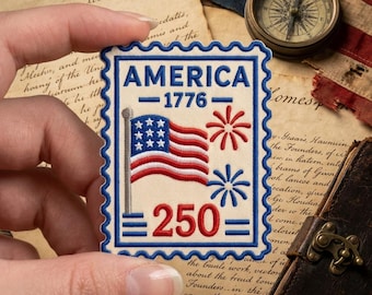 America 250th Patch, USA Semiquincentennial Iron On Patch, Patriotic Postage Stamp Embroidered Badge, 1776-2026 US Flag Applique
