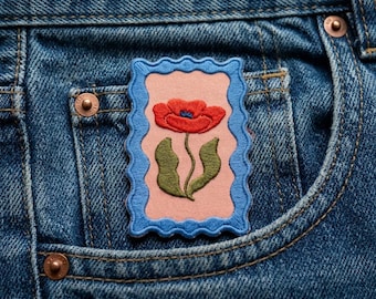 Red Poppy Flower Postage Stamp Patch, Cute Retro Botanical Iron on Patch, Whimsical Cottagecore Coquette Embroidery