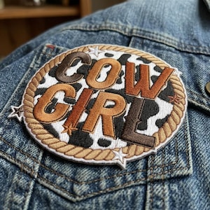 Cowgirl Embroidered Patch – Cow Print Western Badge, Iron On Applique