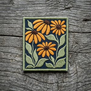 Wildflower Botanical Embroidery Patch | Vintage Floral Iron On | Dark Cottagecore Aesthetic Badge | Large Rectangular Flower Patch