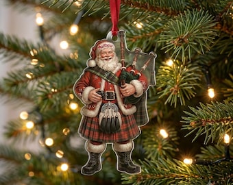 Custom Scottish Santa Bagpipe Acrylic Christmas Ornament, Personalized Kilt Santa Xmas Tree Decor, Scotland Lover Hanging Gift