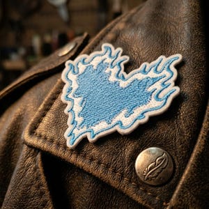 Blue Flaming Heart Embroidered Patch - Y2K Aesthetic Fire Heart Iron On Patch - Cybercore Edgy Badge for Backpacks - Cool Blue Flame