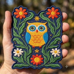 May include: A rectangular embroidered patch with a dark blue background featuring a central yellow owl with blue wings and orange accents. The owl is surrounded by green leafy vines, two orange flowers at the top, two white flowers at the bottom, and small yellow stars.
