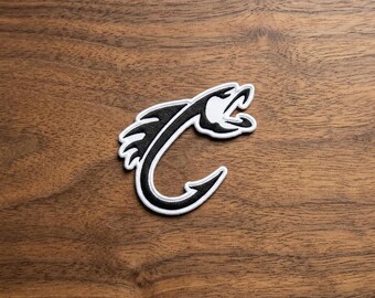 Fish Hook Bass Fish Patch, Tribal Fishing Hook Embroidered Patch, Cool Black White Angler Iron On Patch, Fisherman Outdoorsy Gift Patch
