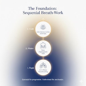 May include: Diagram illustrating sequential breath-work, with three steps: Begin, Master, and Build. Each step is represented by a circle with an icon and text. The text includes "5-2-5 Rhythm Nasal Breathing," "Deep Diaphragmatic Hold," and "Calm Nervous System Solid Base."