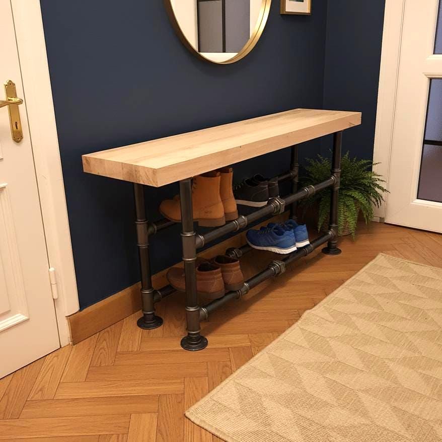 Banc, Rangement Chaussures, Meuble D'entrée Bois & Tuyauterie, Étagère À Chaussures Design Loft