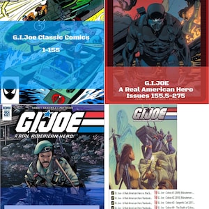 May include: A collection of G.I. Joe comic books. The covers feature action-packed illustrations of soldiers and vehicles. The comics are from Marvel and IDW, with titles like "A Real American Hero" and "Classic Comics".