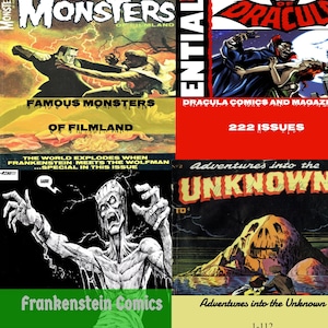May include: A collage of vintage comic book covers featuring classic horror and monster themes. Titles include "Famous Monsters of Filmland," "The Tomb of Dracula," "Frankenstein Comics," and "Adventures into the Unknown." The covers showcase illustrations of monsters and dramatic scenes.