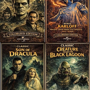Op de afbeelding: Vier vintage filmposters met klassieke horrorfilms: "Son of Frankenstein", "The Bride of Frankenstein", "Son of Dracula" en "Creature from the Black Lagoon". Elke poster heeft een vintage ontwerp met de titel, cast en studio-informatie.