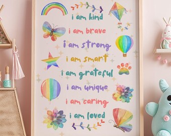Girls Room Decor Art Set of 3, Positive Affirmations, Boho Watercolor Prints, Digital Download