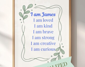 Personalized Name Affirmation Wall Art, Kids Room Printable, Blue & Green, Digital Download
