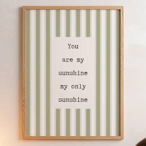 You Are My Sunshine Print, Green Stripe Nursery Decor, Vintage Baby Art, Digital Download