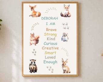 Woodland Animal Custom Name,  Positive Affirmations Wall Art, Grandchild Gift Printable, Digital Download