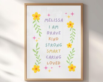 Girl Name Wall Art, Personalized Affirmation Print, Floral Kids Room Decor, Digital Download