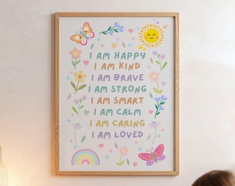 Childrens Affirmation Wall Art Printable, Girls Pastel Butterfly Nursery Decor, Positive Quotes, Digital Download