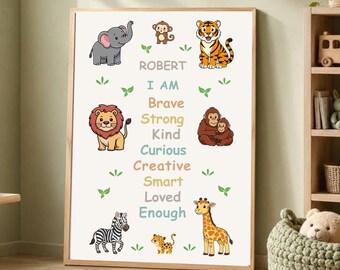 Safari Animal Custom Name Wall Art, Positive Affirmation Printable, Digital Download