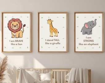 Safari Nursery Wall Art Set, Lion Giraffe Elephant Prints, Digital Download