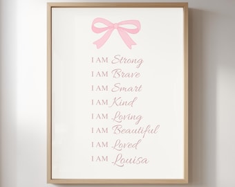 Girls Name Sign Printable, Pink Bow Positive Mindset Print, Nursery Decor, Digital Download