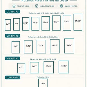 May include: A printable size guide chart with teal text on a white background. It lists aspect ratios 2:3, 3:4, 4:5, and 11:14 with corresponding imperial inch dimensions for printing. Icons for home, shop, and online printing are included.