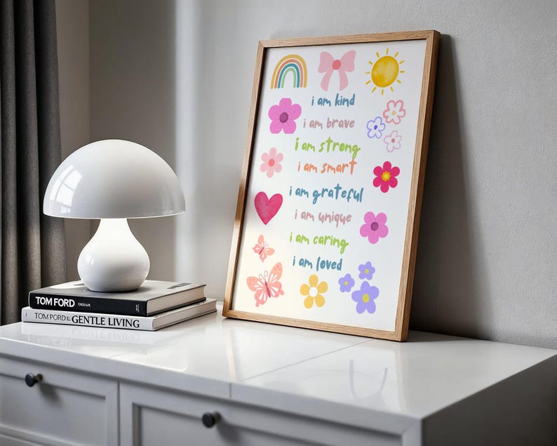 This vibrant digital download features a collection of kids' daily affirmations designed to inspire confidence. The artwork includes uplifting phrases such as "I am kind," "I am brave," and "I am loved," beautifully surrounded by colorful illustrations of flowers, a sun, a rainbow, and butterflies. Perfect for decorating a child's room, playroom, or nursery, creating an uplifting environment that encourages kids to embrace a positive mindset and boosts their self-esteem.