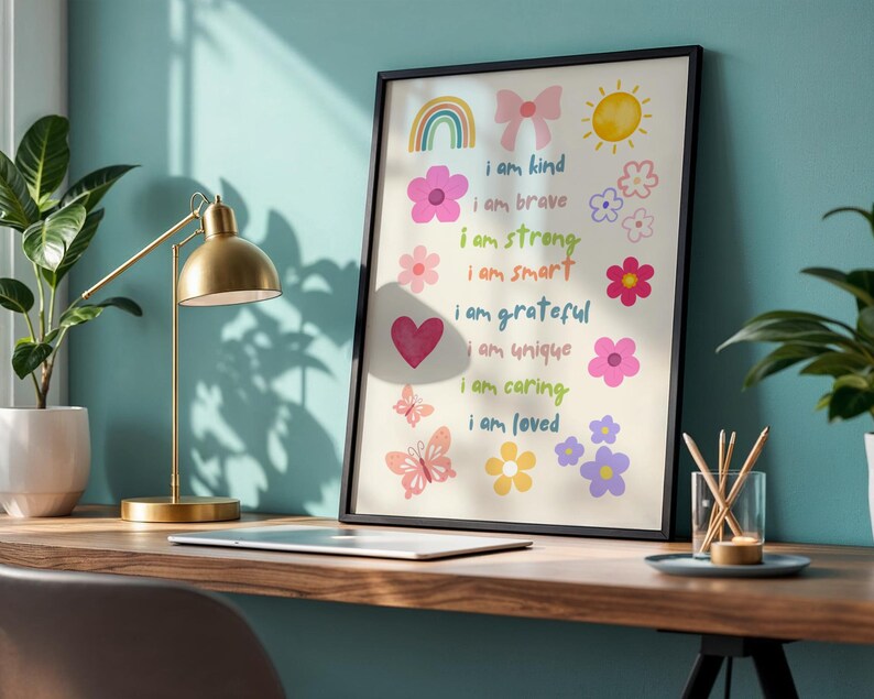 This vibrant digital download features a collection of kids' daily affirmations designed to inspire confidence. The artwork includes uplifting phrases such as "I am kind," "I am brave," and "I am loved," beautifully surrounded by colorful illustrations of flowers, a sun, a rainbow, and butterflies. Perfect for decorating a child's room, playroom, or nursery, creating an uplifting environment that encourages kids to embrace a positive mindset and boosts their self-esteem.