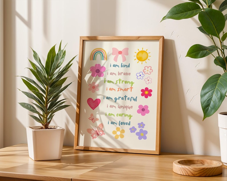 This vibrant digital download features a collection of kids' daily affirmations designed to inspire confidence. The artwork includes uplifting phrases such as "I am kind," "I am brave," and "I am loved," beautifully surrounded by colorful illustrations of flowers, a sun, a rainbow, and butterflies. Perfect for decorating a child's room, playroom, or nursery, creating an uplifting environment that encourages kids to embrace a positive mindset and boosts their self-esteem.