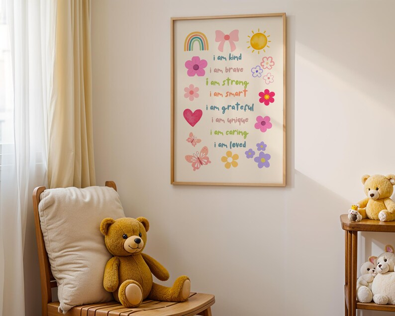 This vibrant digital download features a collection of kids' daily affirmations designed to inspire confidence. The artwork includes uplifting phrases such as "I am kind," "I am brave," and "I am loved," beautifully surrounded by colorful illustrations of flowers, a sun, a rainbow, and butterflies. Perfect for decorating a child's room, playroom, or nursery, creating an uplifting environment that encourages kids to embrace a positive mindset and boosts their self-esteem.
