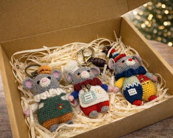 Handmade Wool Mouse Keychain | Crochet Animal Keyring, Gift Boxed