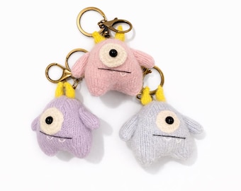 One-Eyed Monster Keychain | Hand-Knitted Fiber Art Doll | One-of-a-Kind Creature Charm | Artisan Yarn Keyring